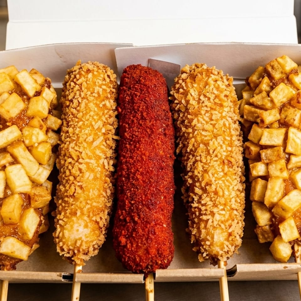 Five Korean corn dogs with various toppings, including potato and spicy red seasoning, in a white box.