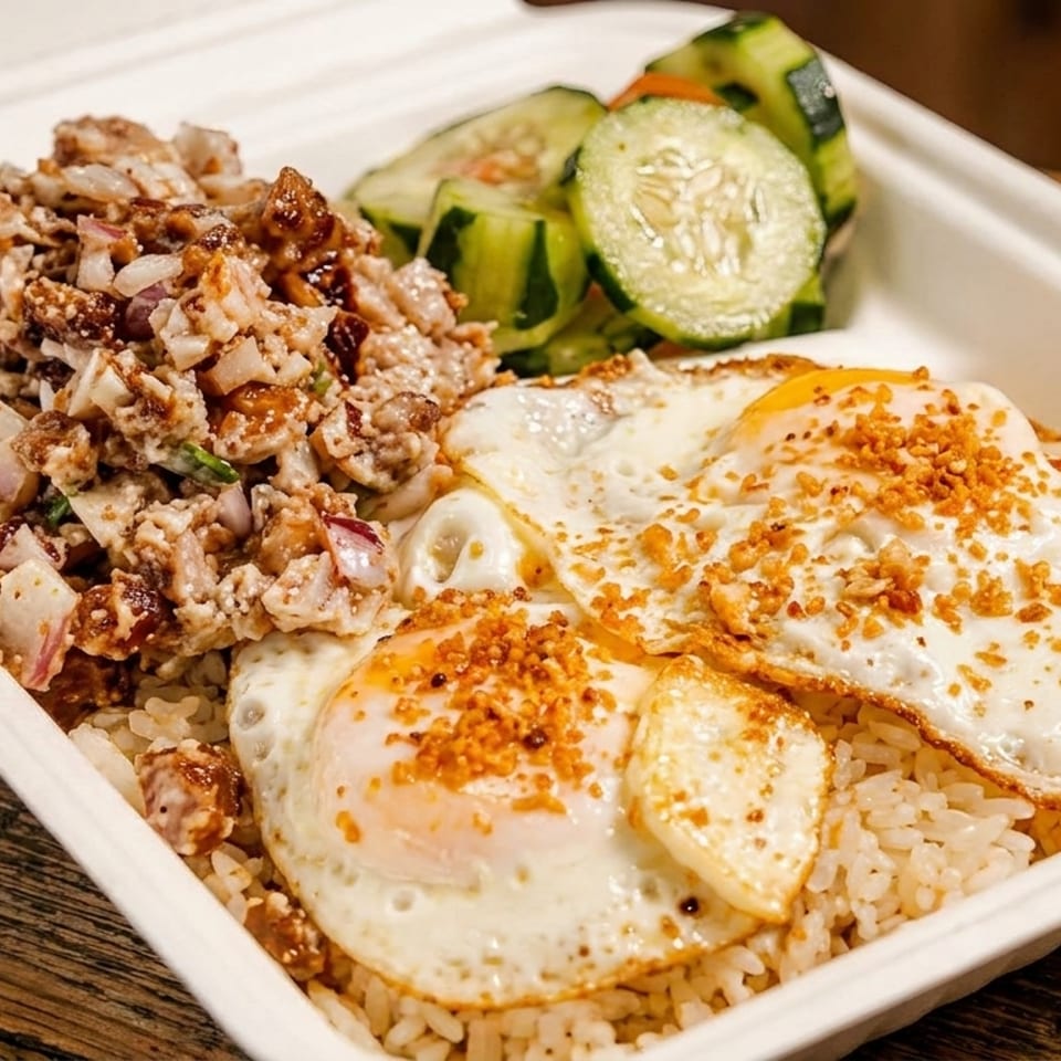 Filipino sisig with rice, fried eggs, and cucumber slices in a white takeout container.