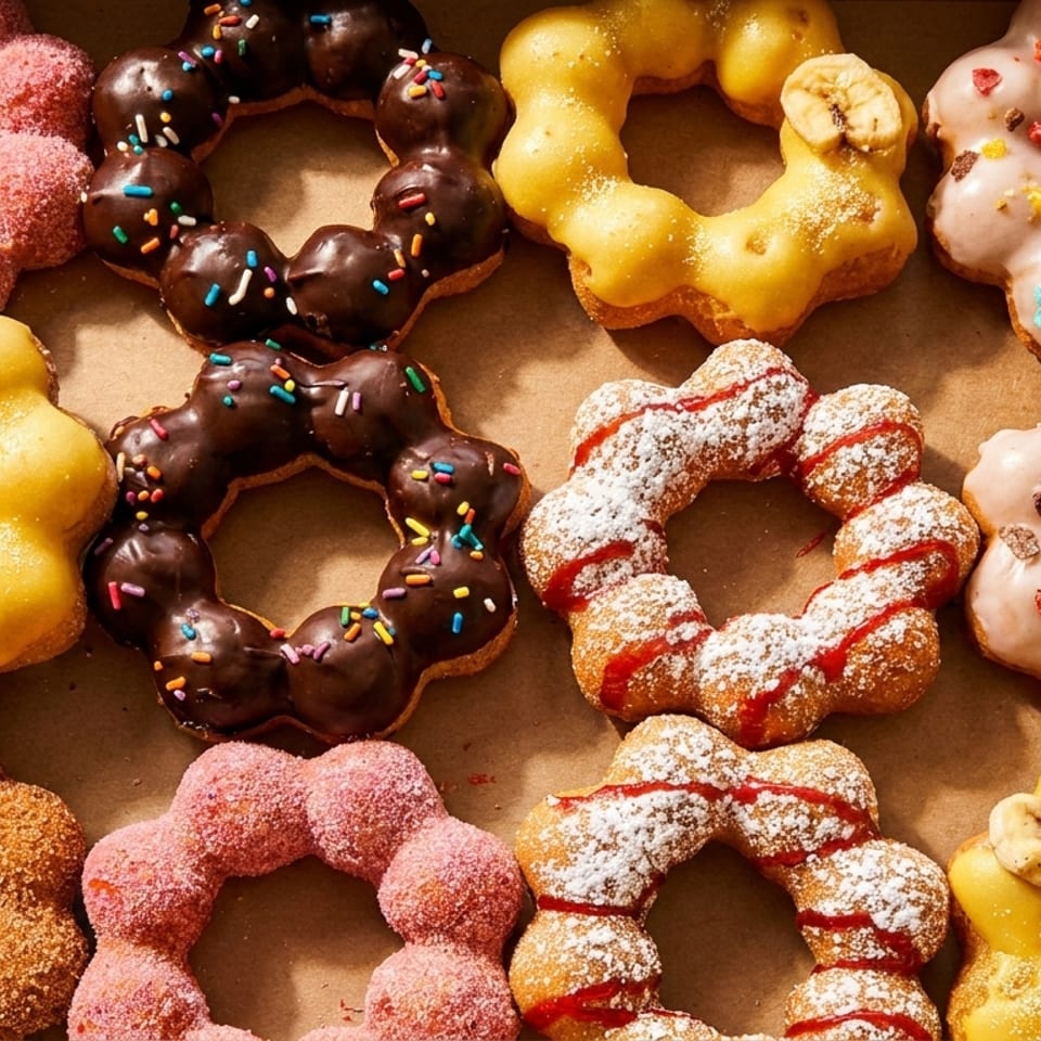 A box of colorful mochi donuts with various glazes and toppings, including chocolate, banana, and strawberry.