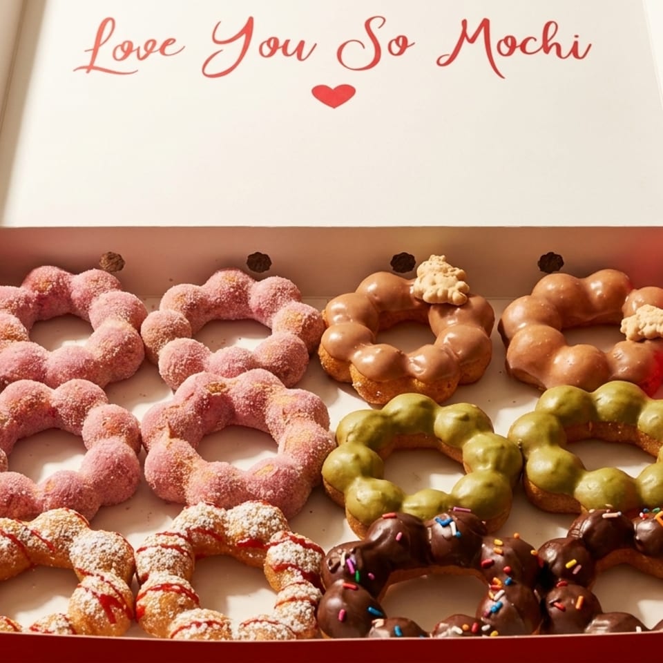 An open red and white box filled with various colorful mochi donuts, including pink, chocolate, and green tea.