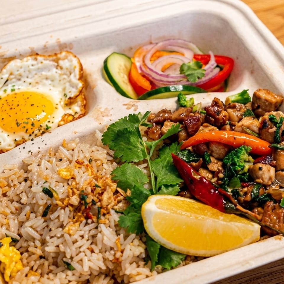 Takeout container with fried rice, chicken, vegetables, a fried egg, and a lemon wedge.
