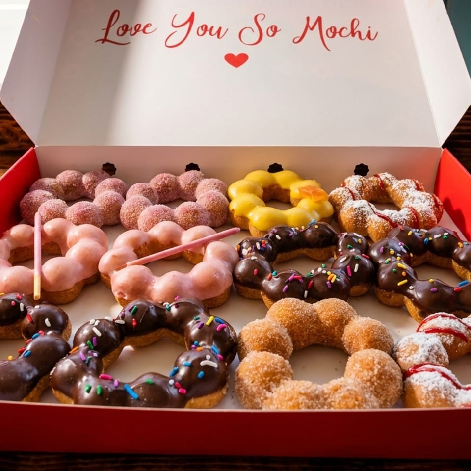 A red box of "Love You So Mochi" donuts with various colorful glazes and sprinkles.