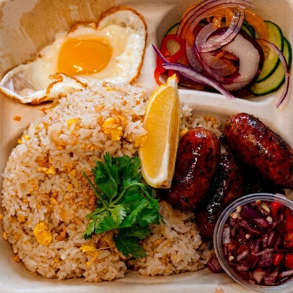 Filipino longsilog meal with fried rice, longganisa sausages, fried egg, and pickled vegetables in a takeout container.