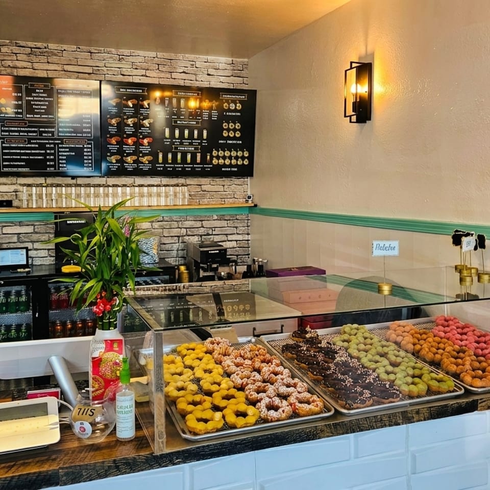 A donut shop interior with a display case full of colorful mochi donuts and a menu board.