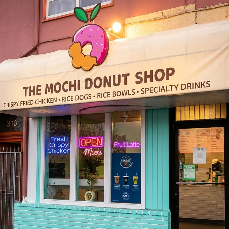 Exterior of The Mochi Donut Shop with a pink donut logo, white awning, and neon signs.