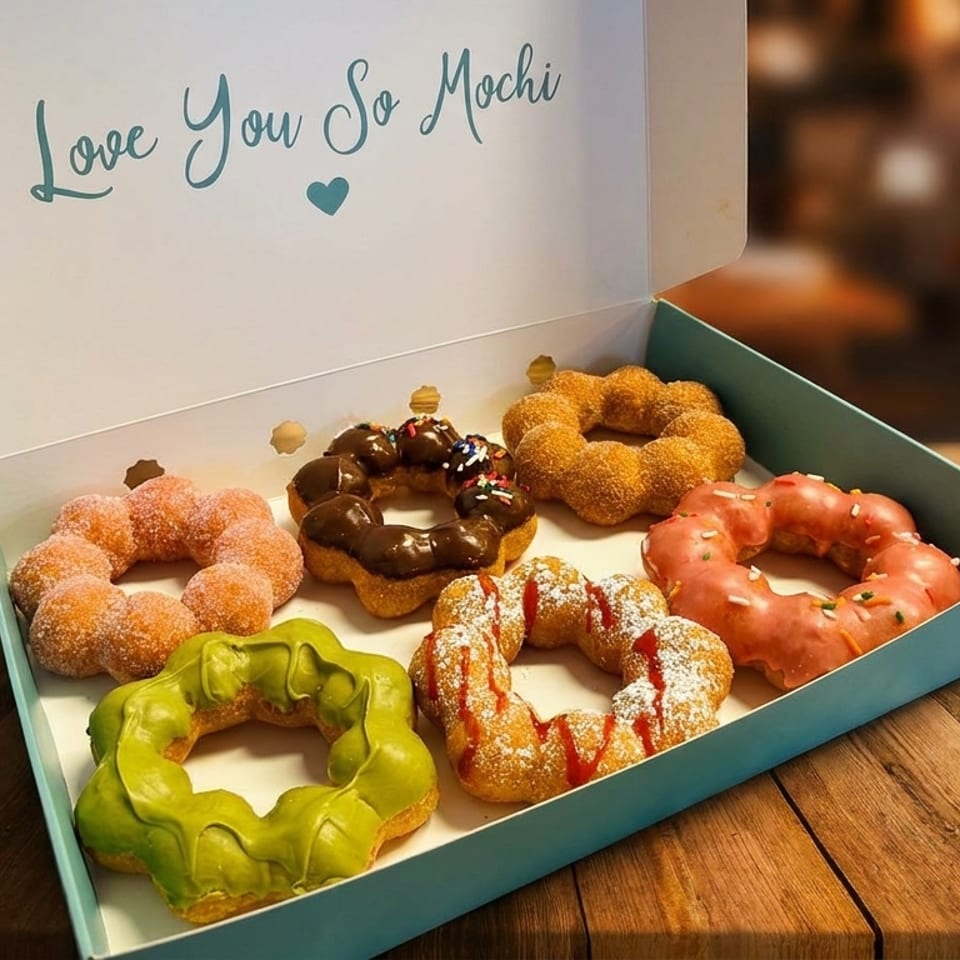A box of six colorful mochi donuts with various glazes and toppings on a wooden table.