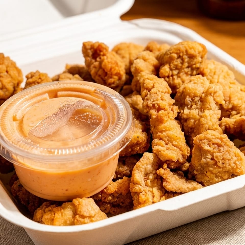 Crispy fried chicken bites in a white takeout container with a side of dipping sauce.