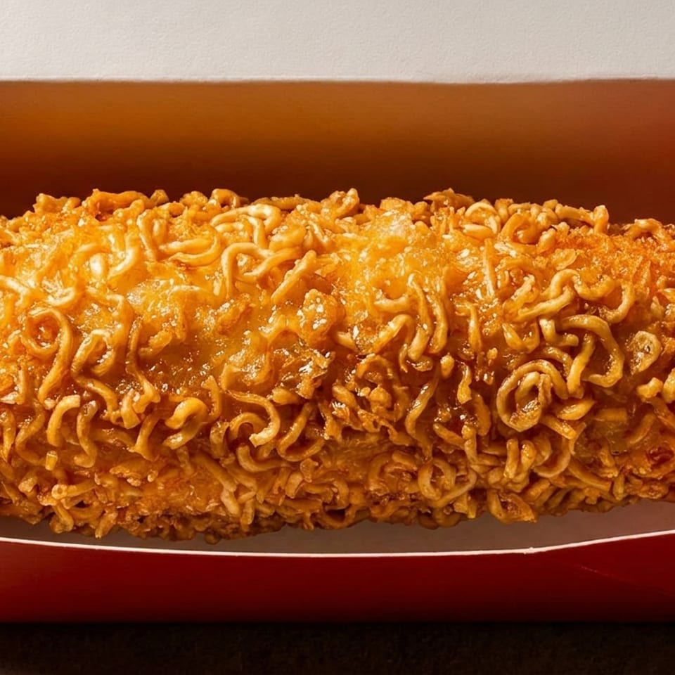 Crispy ramen-crusted corn dog on a stick, served in a red cardboard tray.